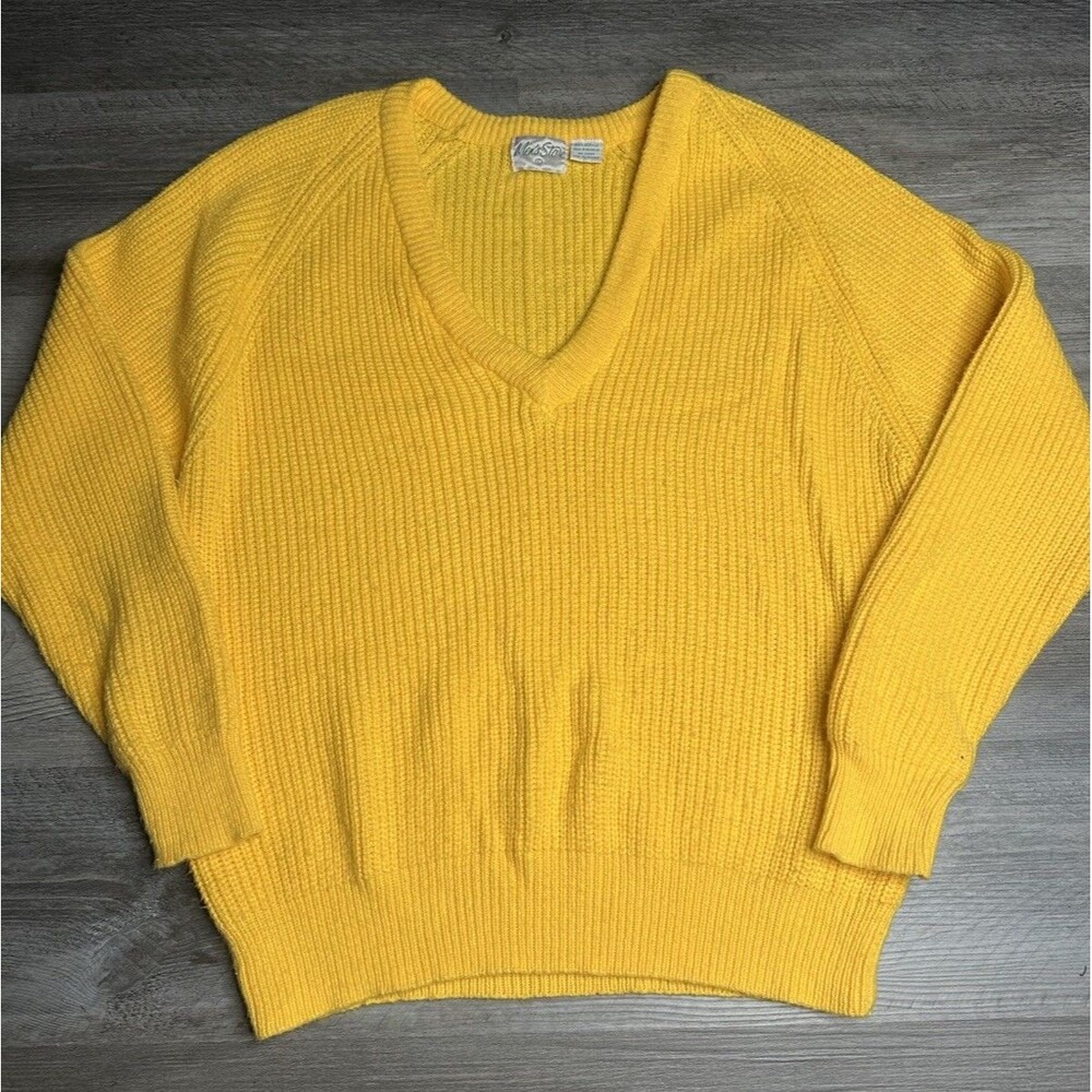 The Mens Store Vintage Yellow Chunky Rib Knit Pullover V-Neck Sweater Size L